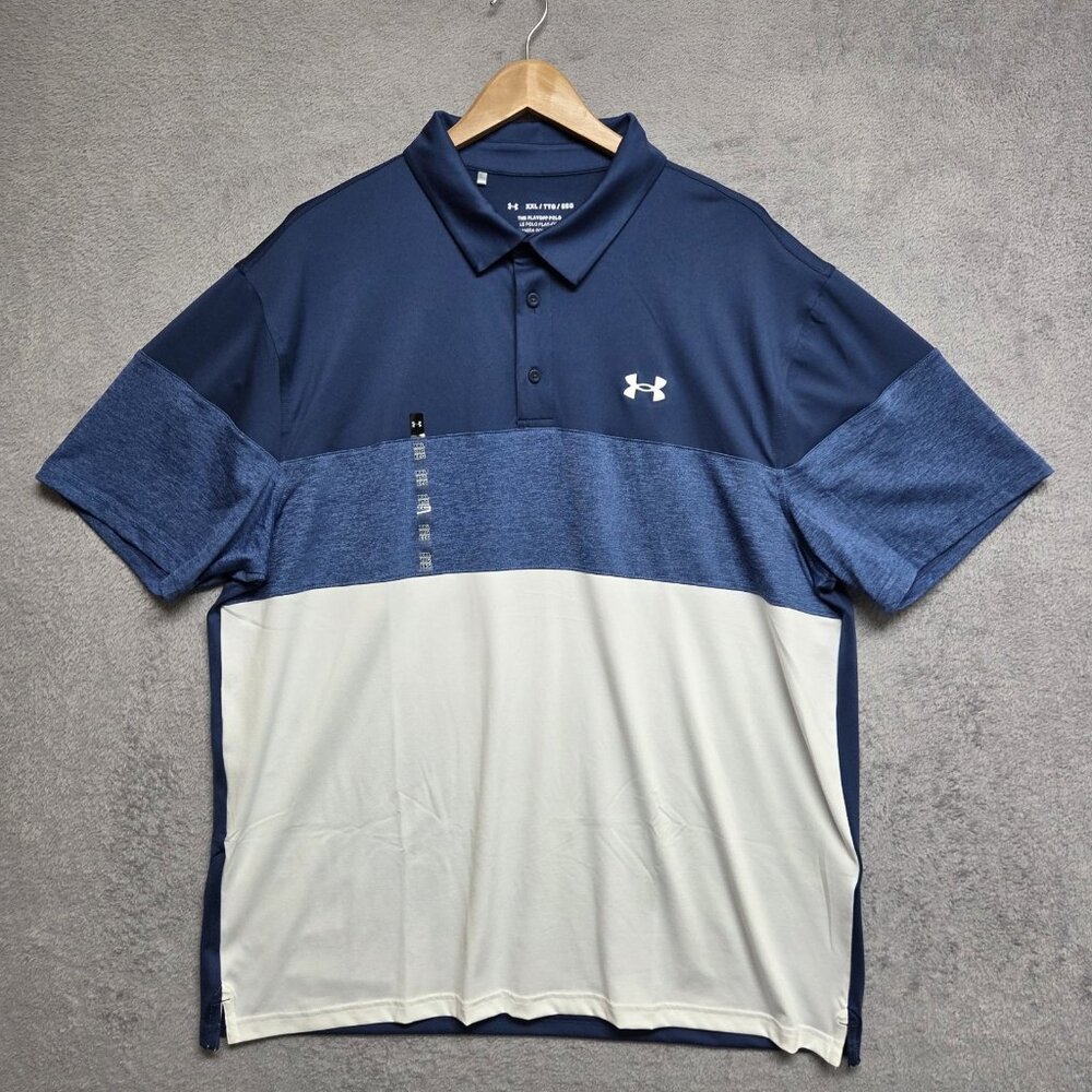 Under Armour Shirt Mens XXL Blue White The Playoff Polo Loose Short Sleeve